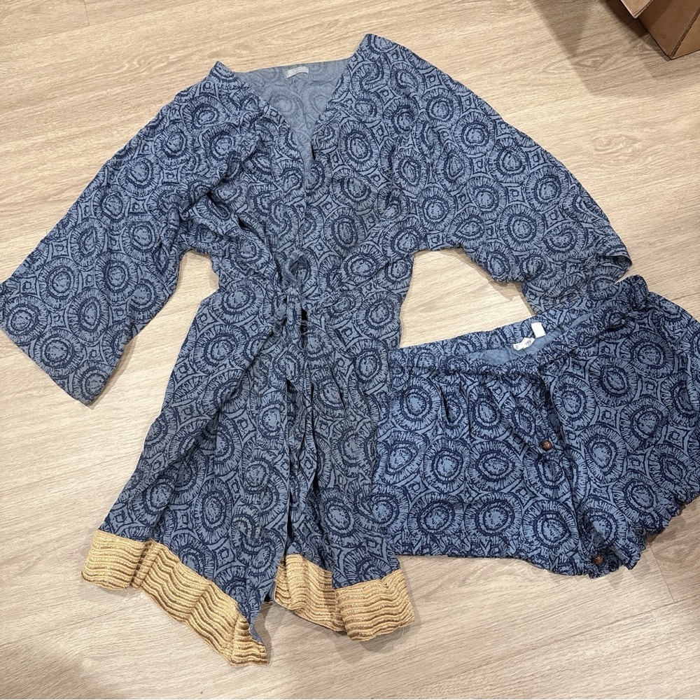 Sudara Blue and Gold Kala print robe shorts Pajama Set
